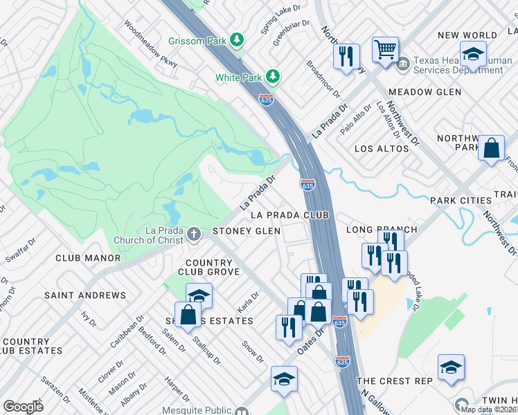 map of restaurants, bars, coffee shops, grocery stores, and more near 5548 Village Green Drive in Mesquite
