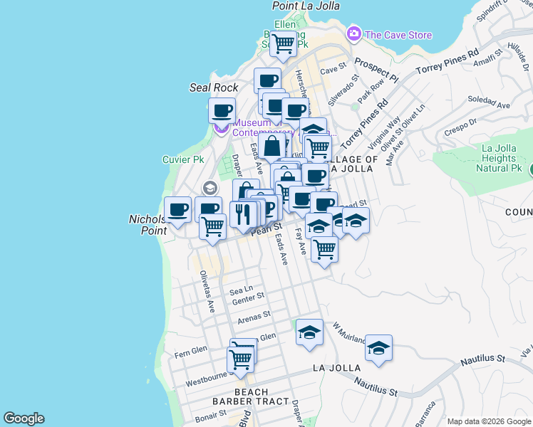 map of restaurants, bars, coffee shops, grocery stores, and more near 7550 Eads Avenue in San Diego