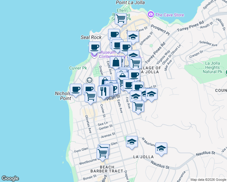 map of restaurants, bars, coffee shops, grocery stores, and more near 7550 Eads Avenue in San Diego