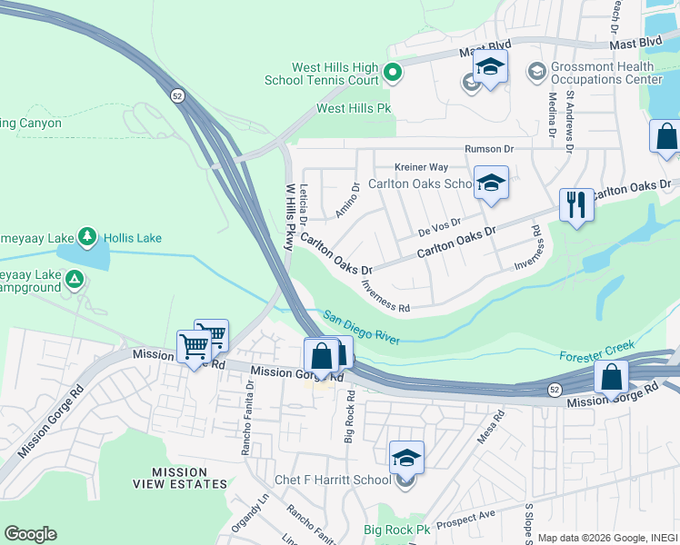 map of restaurants, bars, coffee shops, grocery stores, and more near 8347 Carlton Oaks Drive in Santee
