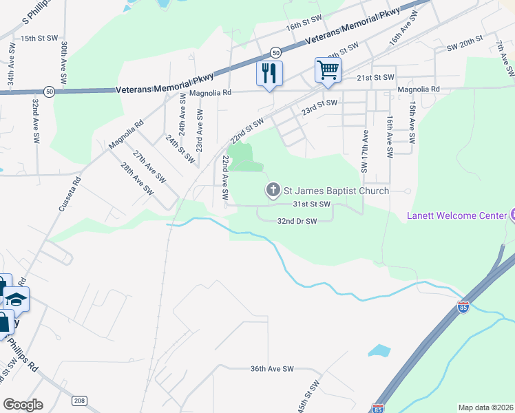 map of restaurants, bars, coffee shops, grocery stores, and more near 3027 31st Street Southwest in Lanett