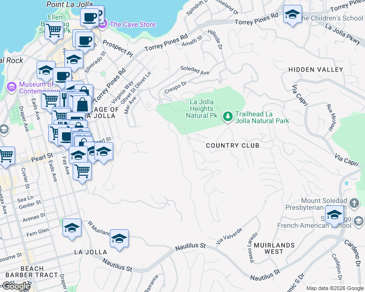 map of restaurants, bars, coffee shops, grocery stores, and more near 7363 Fairway Road in San Diego