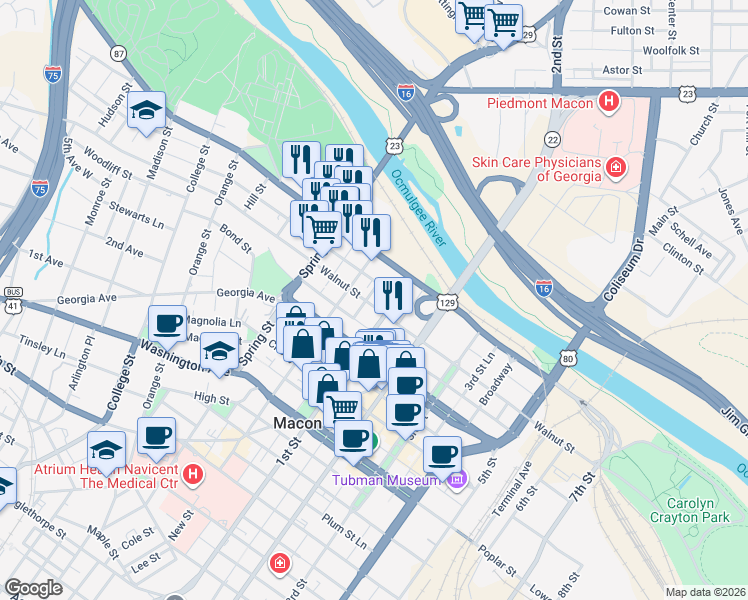 map of restaurants, bars, coffee shops, grocery stores, and more near 777 Walnut Street in Macon