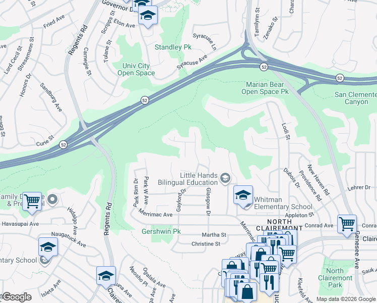 map of restaurants, bars, coffee shops, grocery stores, and more near 5249 Gaylord Place in San Diego