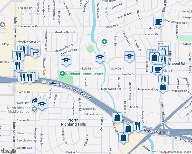 map of restaurants, bars, coffee shops, grocery stores, and more near 7305 Janetta Drive in Fort Worth