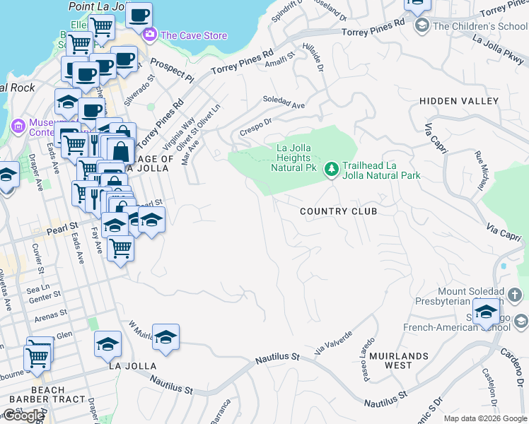 map of restaurants, bars, coffee shops, grocery stores, and more near 7363 Fairway Road in San Diego