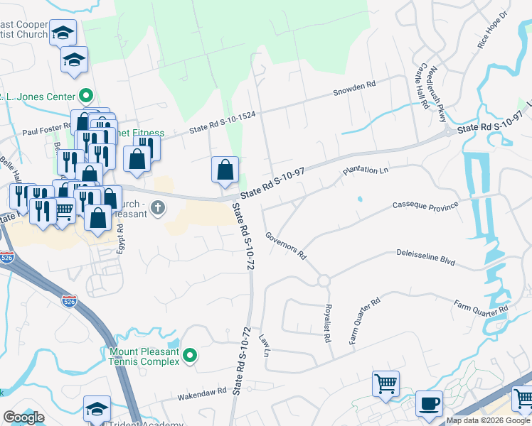 map of restaurants, bars, coffee shops, grocery stores, and more near 963 Governors Court in Mount Pleasant