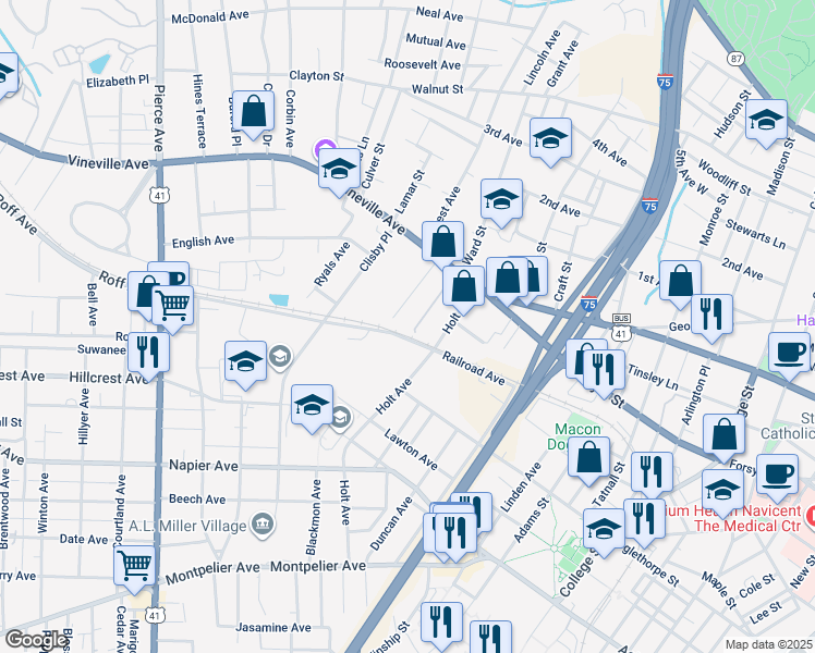 map of restaurants, bars, coffee shops, grocery stores, and more near 2047 Roff Avenue in Macon