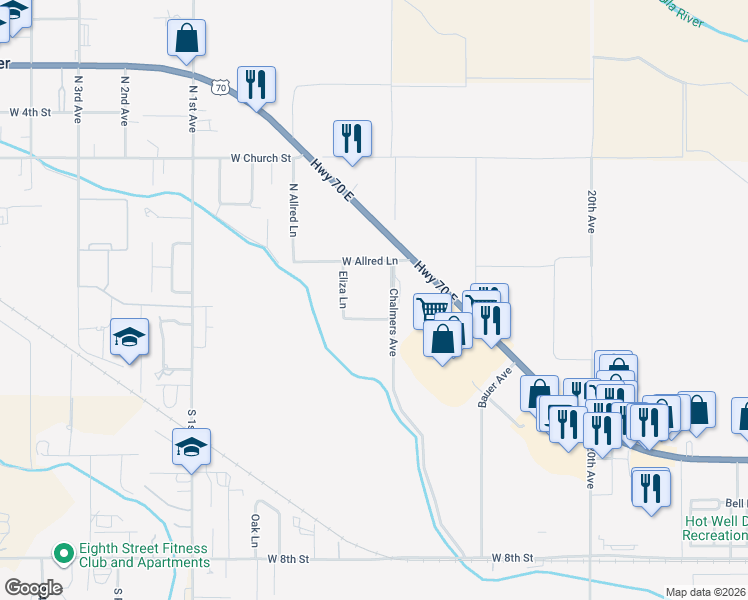map of restaurants, bars, coffee shops, grocery stores, and more near 232 Chalmers Lane in Thatcher