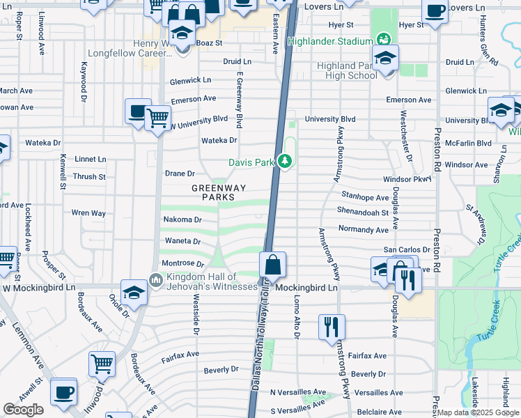 map of restaurants, bars, coffee shops, grocery stores, and more near 5541 Nakoma Drive in Dallas