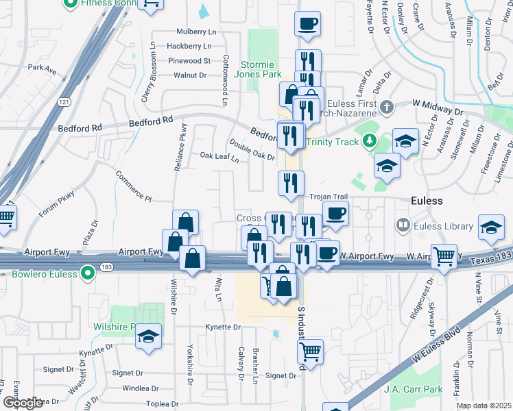 map of restaurants, bars, coffee shops, grocery stores, and more near 4112 Lone Oak Lane in Bedford