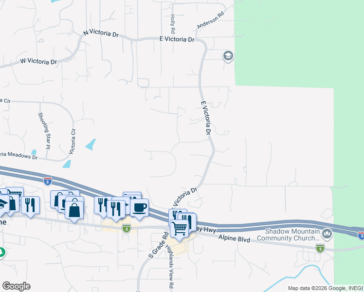 map of restaurants, bars, coffee shops, grocery stores, and more near 2893 Overland Passage in Alpine