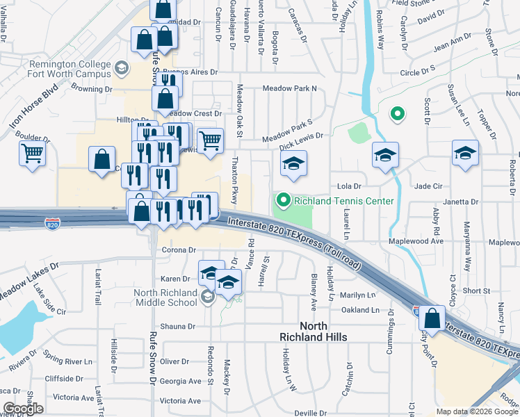 map of restaurants, bars, coffee shops, grocery stores, and more near 6901 Northeast Loop 820 in North Richland Hills