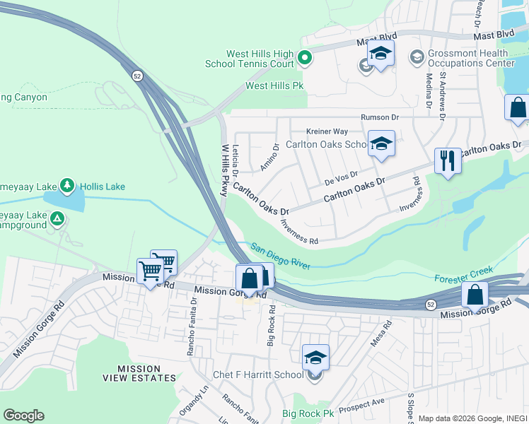 map of restaurants, bars, coffee shops, grocery stores, and more near 8347 Carlton Oaks Drive in Santee