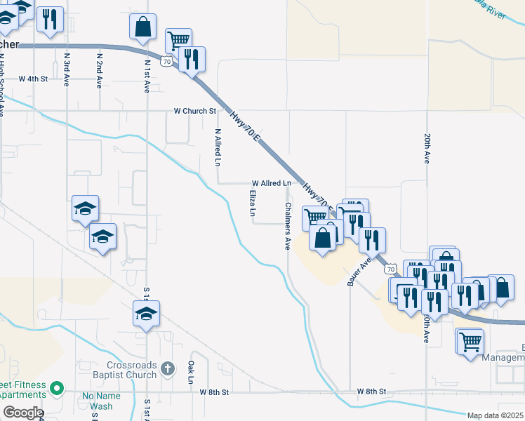 map of restaurants, bars, coffee shops, grocery stores, and more near 235 N Eliza Lane in Thatcher