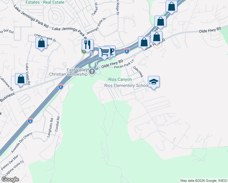 map of restaurants, bars, coffee shops, grocery stores, and more near 9113 East Sierra Alta Way in El Cajon