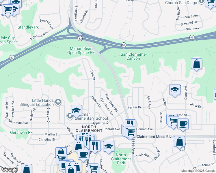 map of restaurants, bars, coffee shops, grocery stores, and more near 5130-5398 Genesee Avenue in San Diego