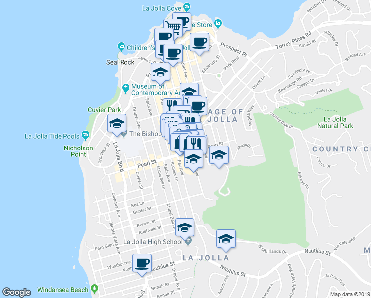 map of restaurants, bars, coffee shops, grocery stores, and more near 7514 Girard Avenue in San Diego