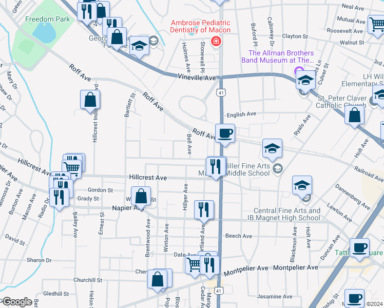 map of restaurants, bars, coffee shops, grocery stores, and more near 663 Bell Avenue in Macon
