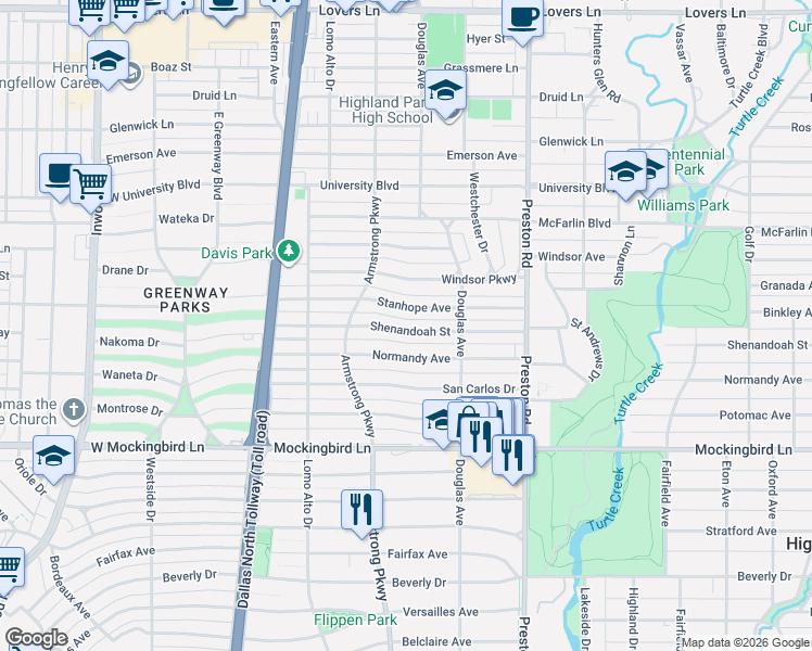 map of restaurants, bars, coffee shops, grocery stores, and more near 4227 Stanhope Street in Dallas