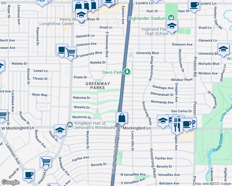 map of restaurants, bars, coffee shops, grocery stores, and more near 5541 Nakoma Drive in Dallas