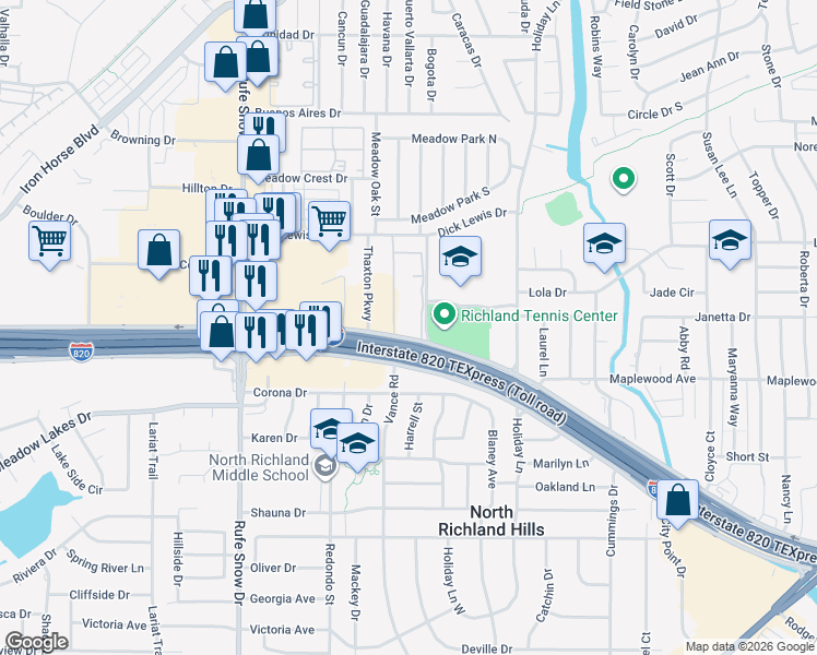 map of restaurants, bars, coffee shops, grocery stores, and more near 6901 Northeast Loop 820 in North Richland Hills