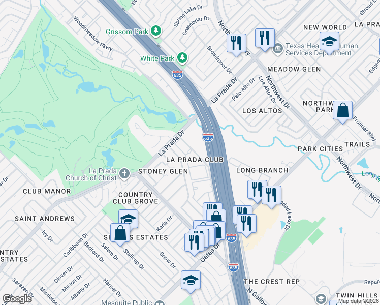 map of restaurants, bars, coffee shops, grocery stores, and more near 1805 Pinehurst Lane in Mesquite