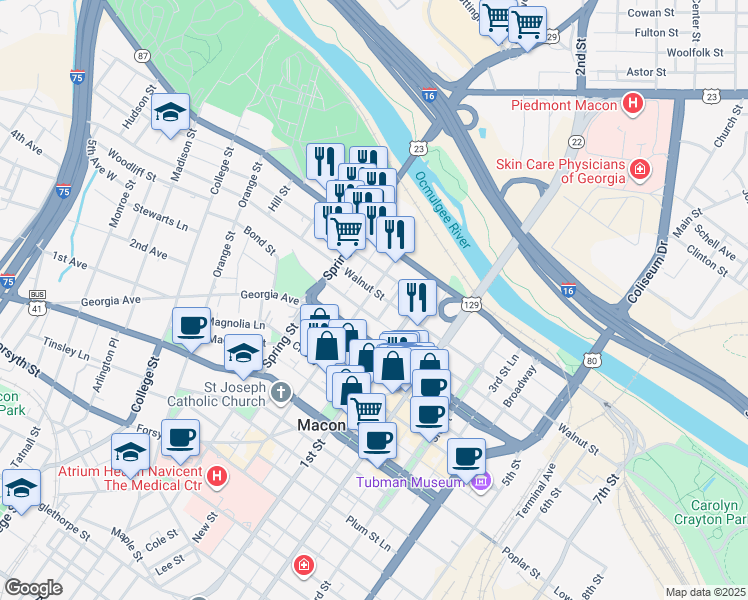 map of restaurants, bars, coffee shops, grocery stores, and more near 777 Walnut Street in Macon