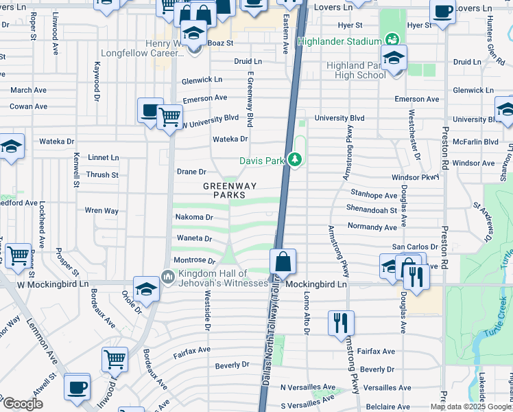 map of restaurants, bars, coffee shops, grocery stores, and more near 5541 Nakoma Drive in Dallas