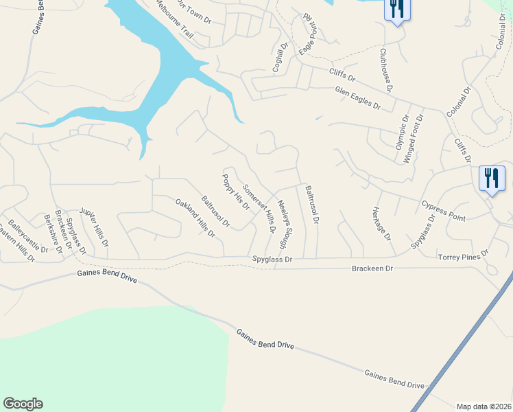 map of restaurants, bars, coffee shops, grocery stores, and more near 170 Poppy Hills Drive in Graford