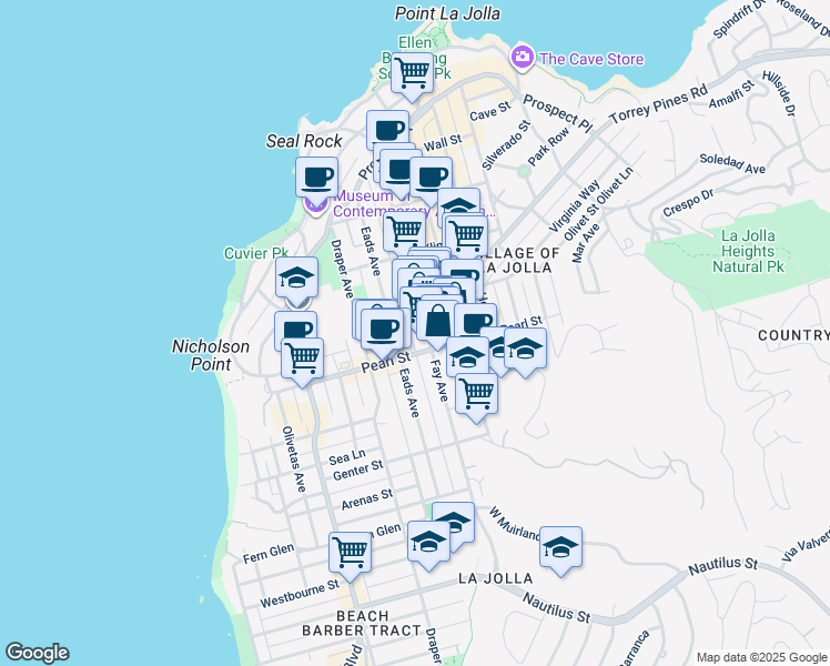 map of restaurants, bars, coffee shops, grocery stores, and more near 7540 Fay Avenue in San Diego