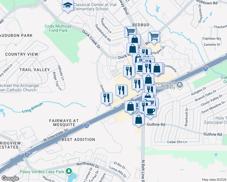 map of restaurants, bars, coffee shops, grocery stores, and more near 6302 Greenbelt Parkway in Garland