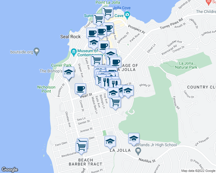 map of restaurants, bars, coffee shops, grocery stores, and more near 7514 Girard Avenue in La Jolla