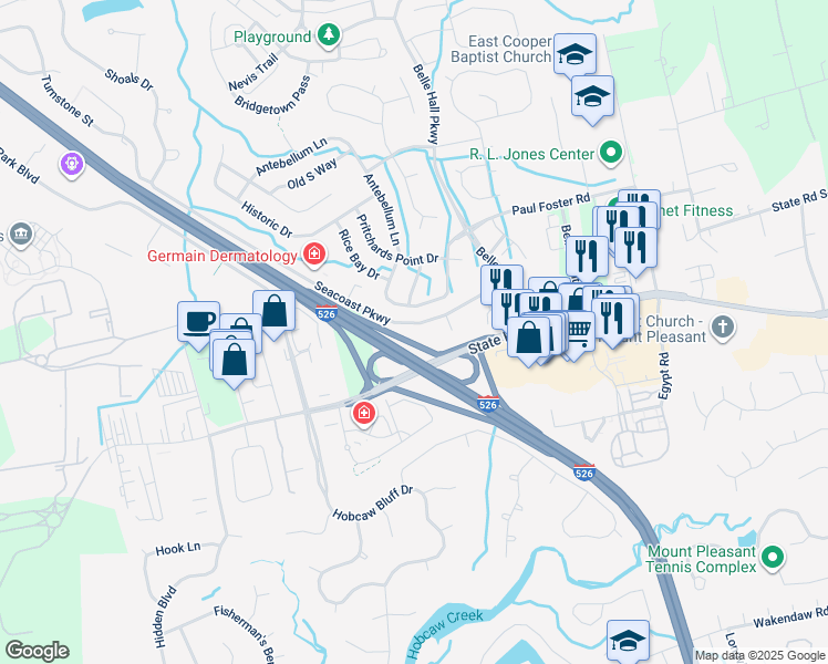 map of restaurants, bars, coffee shops, grocery stores, and more near 401 Seacoast Parkway in Mount Pleasant