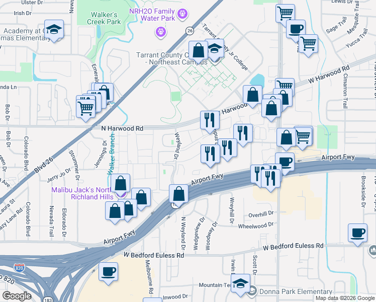 map of restaurants, bars, coffee shops, grocery stores, and more near 1598 Weyland Drive in North Richland Hills