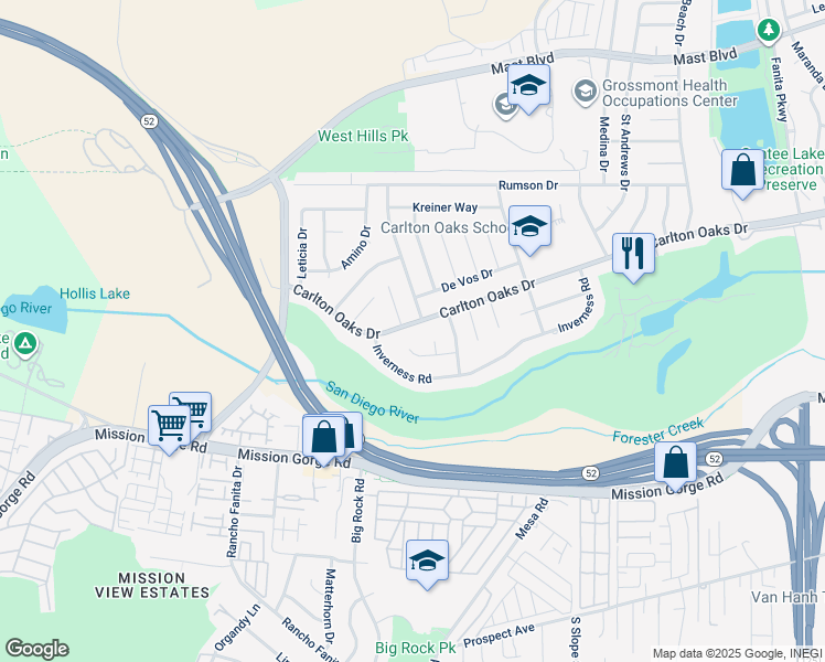 map of restaurants, bars, coffee shops, grocery stores, and more near 8427 Carlton Oaks Drive in Santee