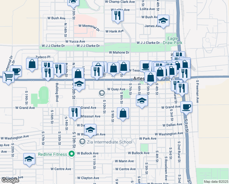 map of restaurants, bars, coffee shops, grocery stores, and more near 811 West Quay Avenue in Artesia