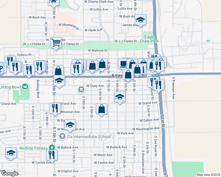 map of restaurants, bars, coffee shops, grocery stores, and more near 611 West Quay Avenue in Artesia