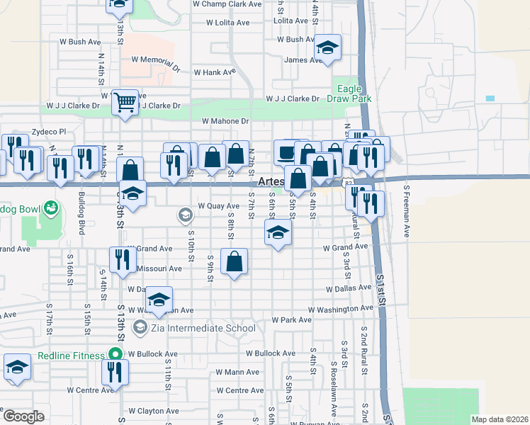 map of restaurants, bars, coffee shops, grocery stores, and more near 611 West Quay Avenue in Artesia