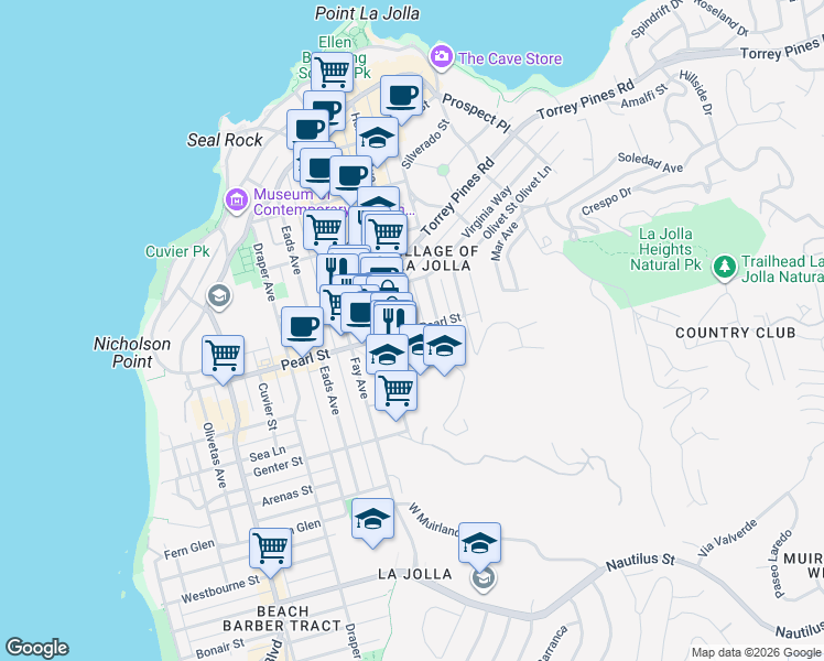map of restaurants, bars, coffee shops, grocery stores, and more near Pearl St & Herschel Ave in San Diego