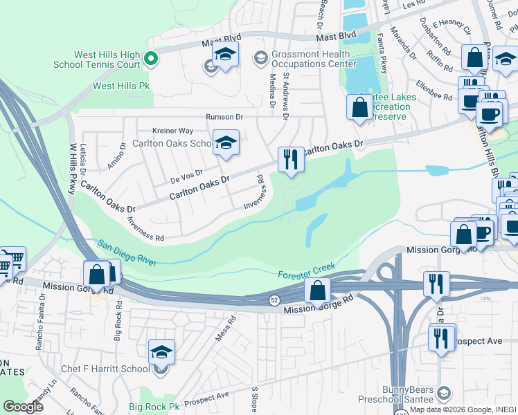 map of restaurants, bars, coffee shops, grocery stores, and more near 9219 Inverness Road in Santee
