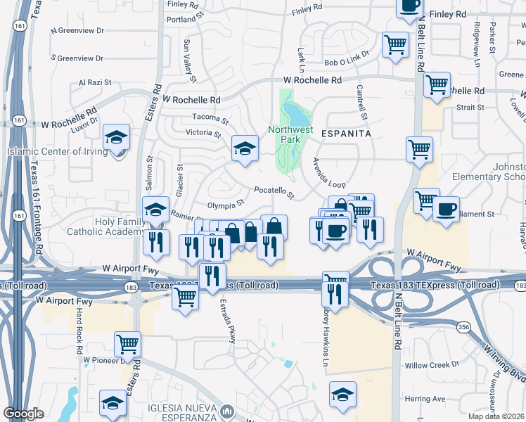 map of restaurants, bars, coffee shops, grocery stores, and more near 3814 Rainier Street in Irving