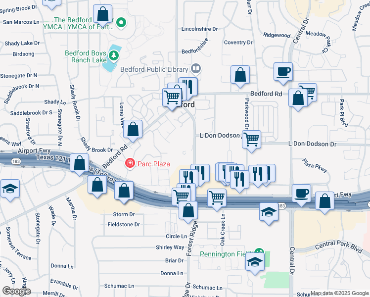 map of restaurants, bars, coffee shops, grocery stores, and more near 2003 Forest Ridge Drive in Bedford