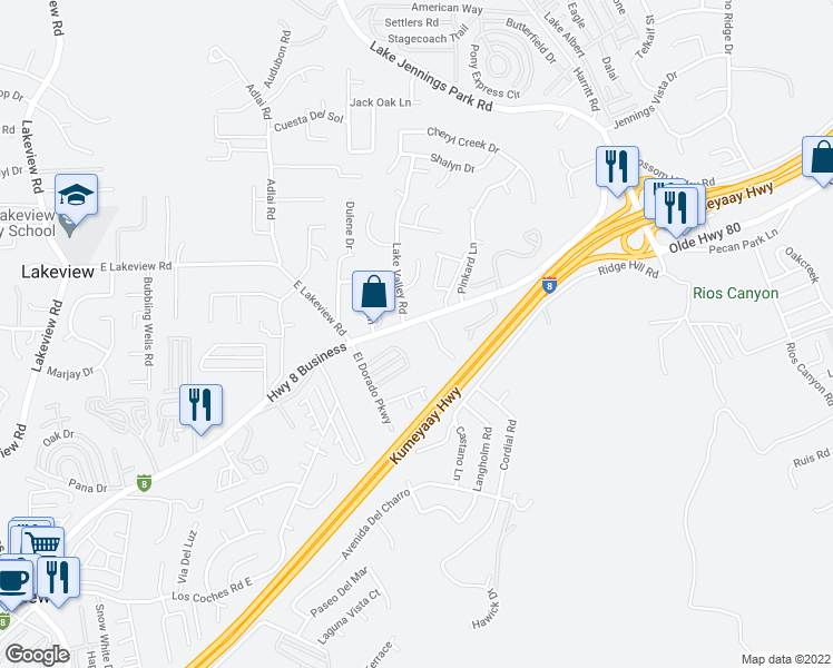 map of restaurants, bars, coffee shops, grocery stores, and more near 13755 Highway 8 Business in El Cajon