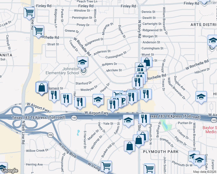 map of restaurants, bars, coffee shops, grocery stores, and more near 2537 Lasalle Drive in Irving