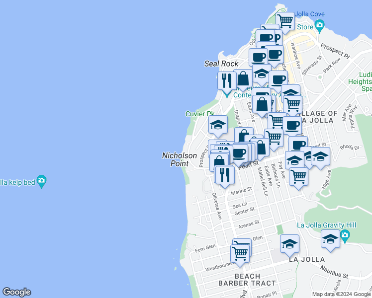 map of restaurants, bars, coffee shops, grocery stores, and more near 274 Coast Boulevard in San Diego