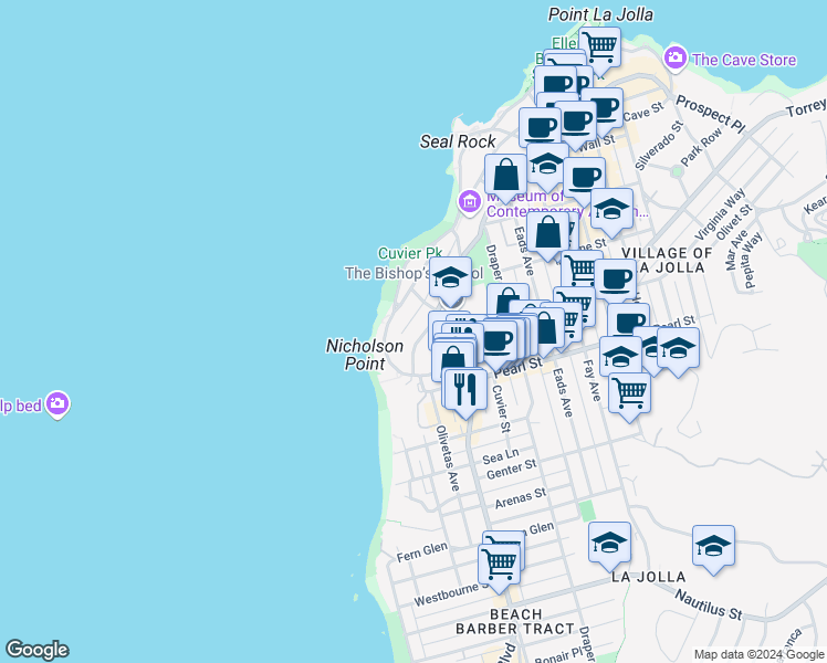 map of restaurants, bars, coffee shops, grocery stores, and more near 320 Scripps Lane in San Diego