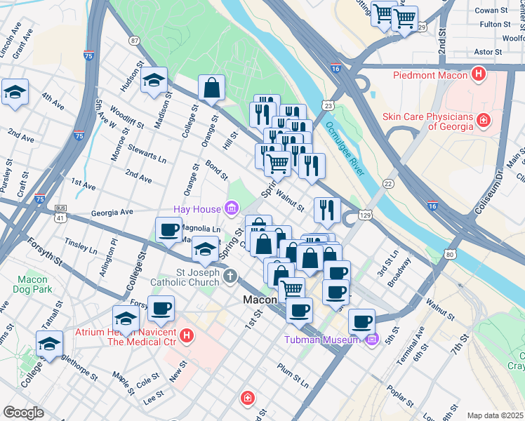 map of restaurants, bars, coffee shops, grocery stores, and more near in Macon