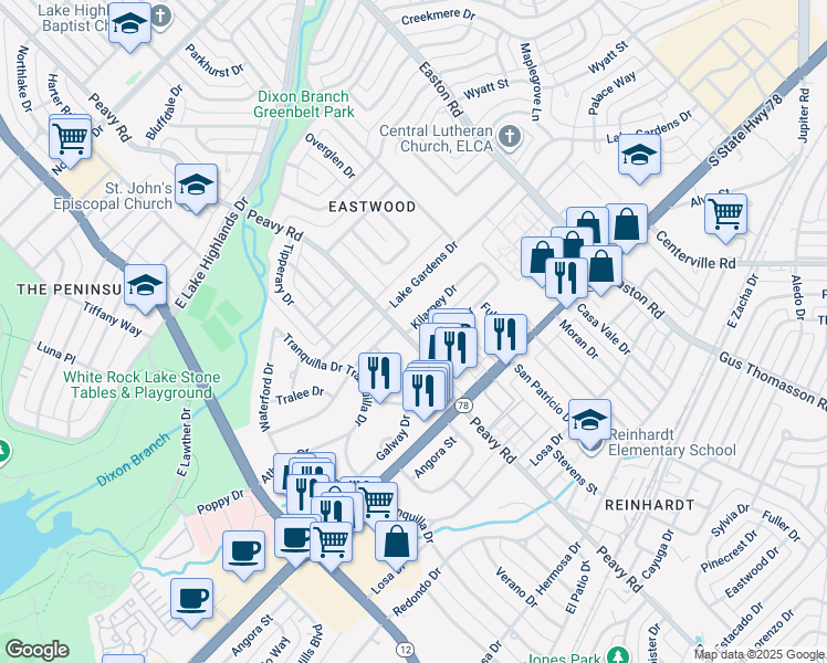 map of restaurants, bars, coffee shops, grocery stores, and more near 1084 Peavy Road in Dallas