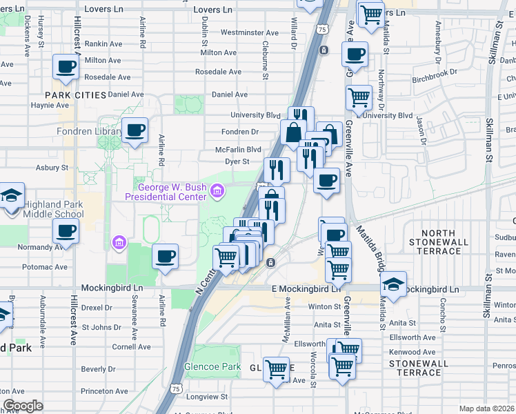 map of restaurants, bars, coffee shops, grocery stores, and more near 6080 North Central Expressway in Dallas